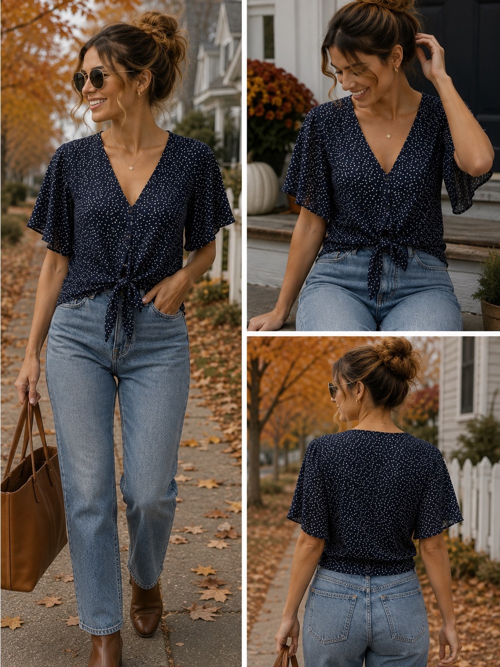 Abercrombie Navy Floral Tie Front V-Neck Blouse With Flutter Sleeves - Size XS
